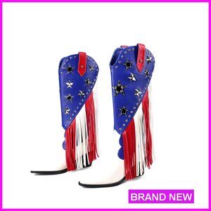 Women's Fringe Studded Cowboy Boots Pointed Toe Chunky Heels Patriotic Style